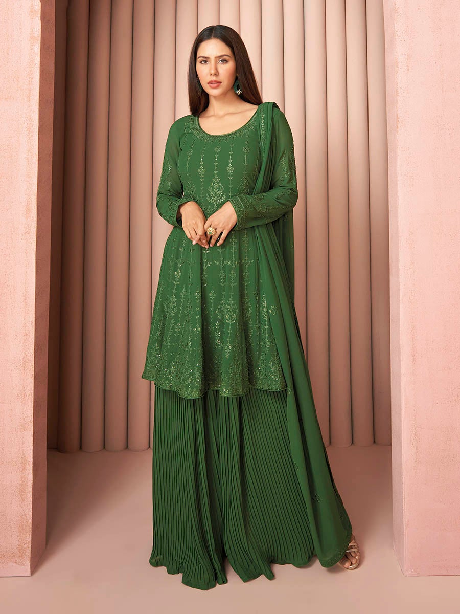 Women's Green Heavy Embroidered Real Georgette Sharara Suit-Myracouture