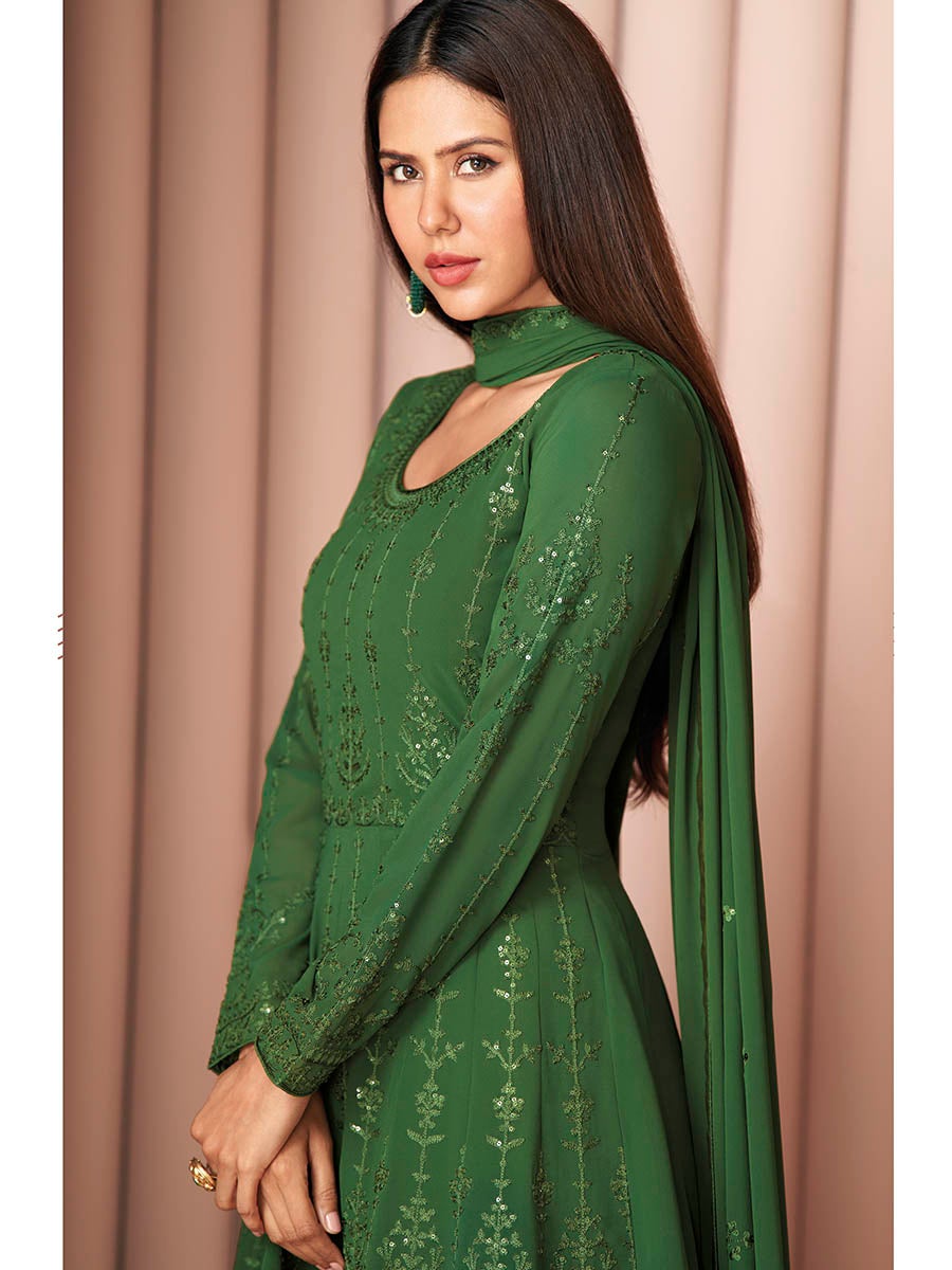Women's Green Heavy Embroidered Real Georgette Sharara Suit-Myracouture