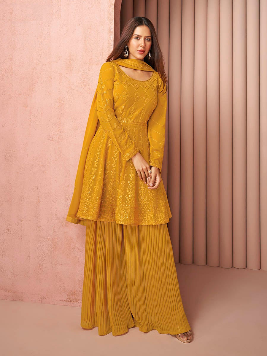 Women's Mustard Yellow Heavy Embroidered Real Georgette Sharara Suit-Myracouture
