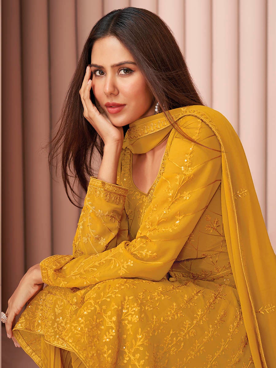 Women's Mustard Yellow Heavy Embroidered Real Georgette Sharara Suit-Myracouture