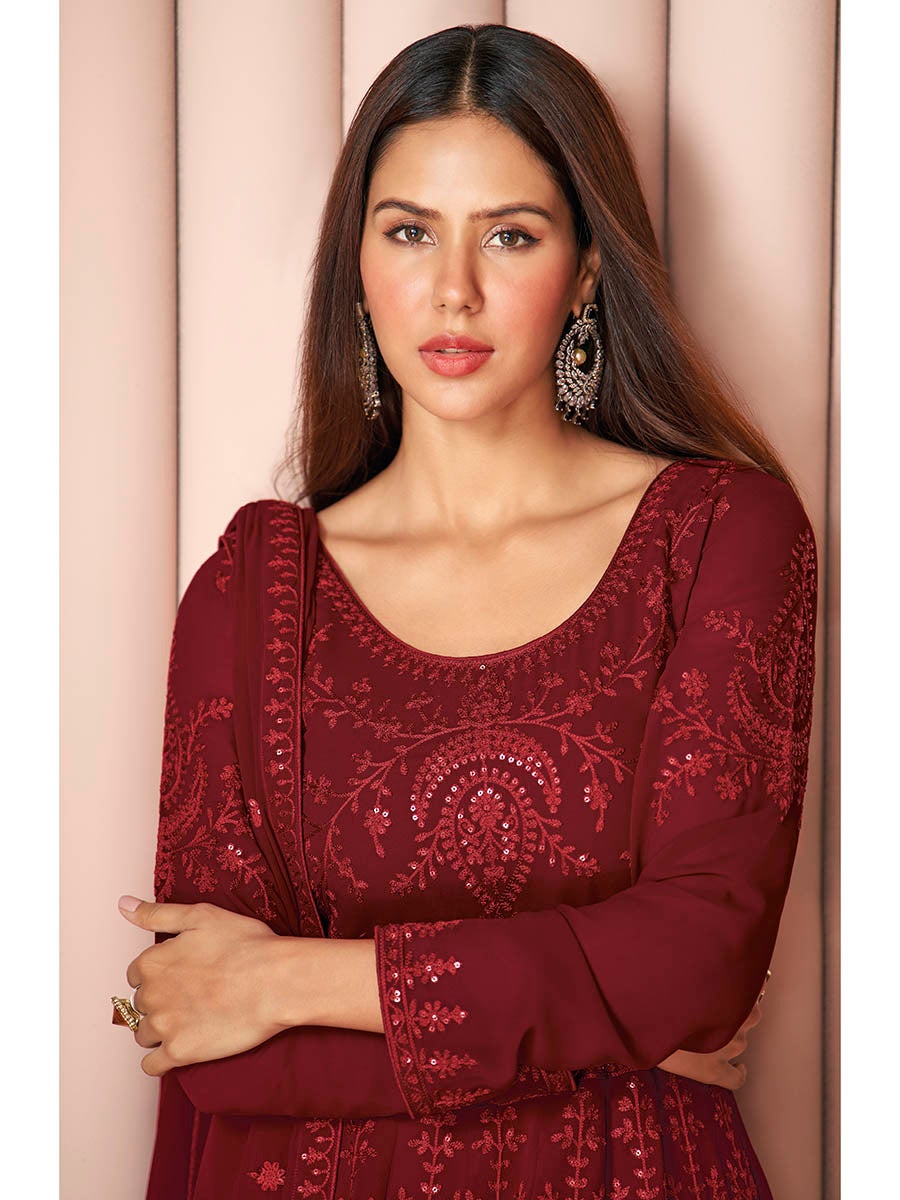 Women's Maroon Heavy Embroidered Real Georgette Sharara Suit-Myracouture
