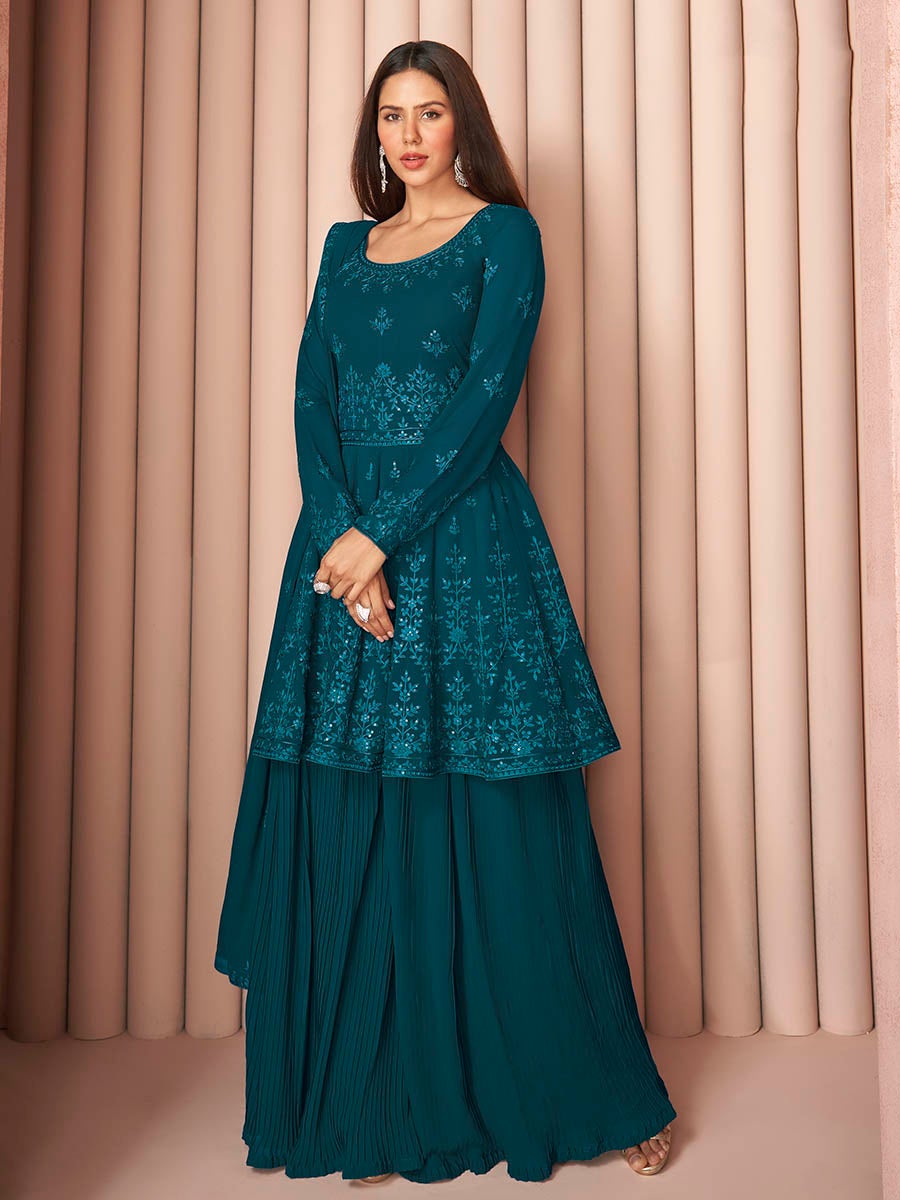 Women's Teal Heavy Embroidered Real Georgette Sharara Suit-Myracouture