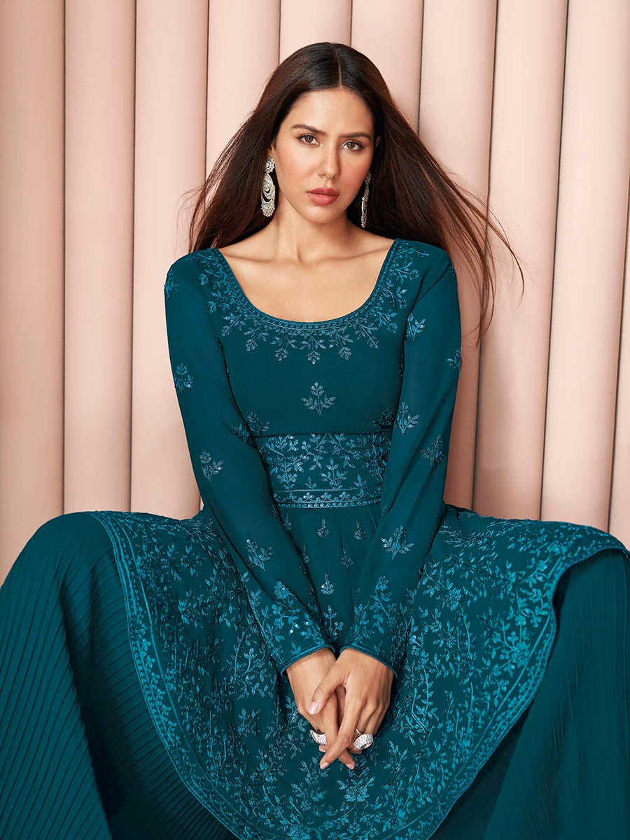 Women's Teal Heavy Embroidered Real Georgette Sharara Suit-Myracouture