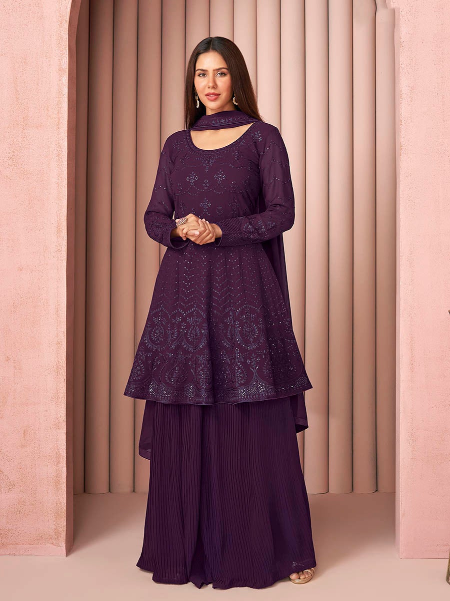 Women's Violet Heavy Embroidered Real Georgette Sharara Suit-Myracouture