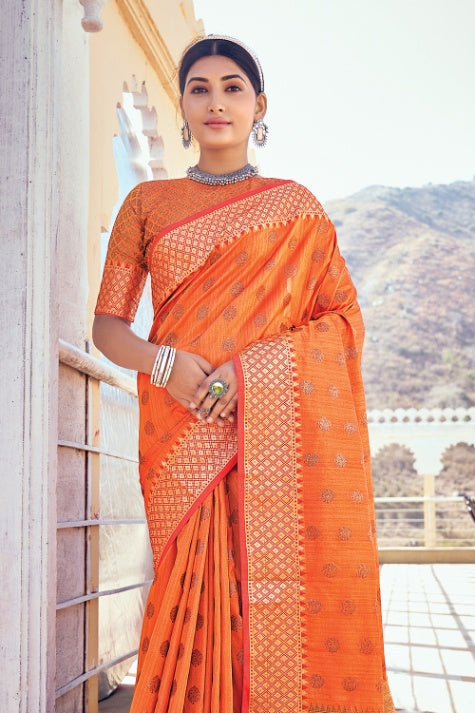 Women's Orange Banarasi Saree - Karagiri