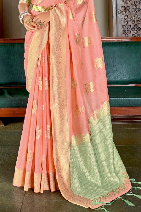 Women's Peach Cotton Saree - Karagiri