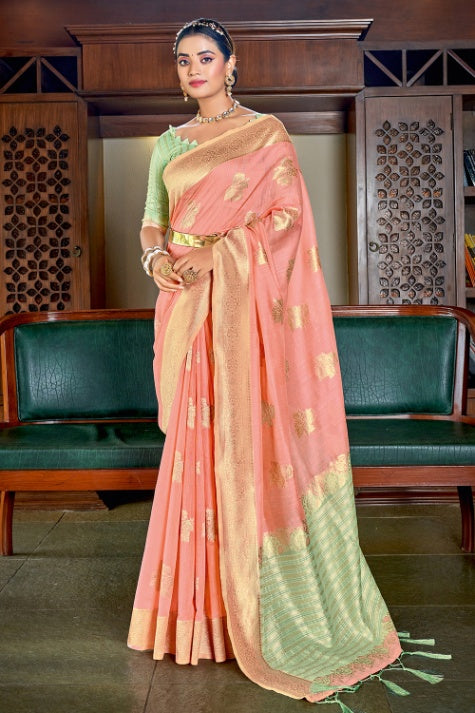 Women's Peach Cotton Saree - Karagiri