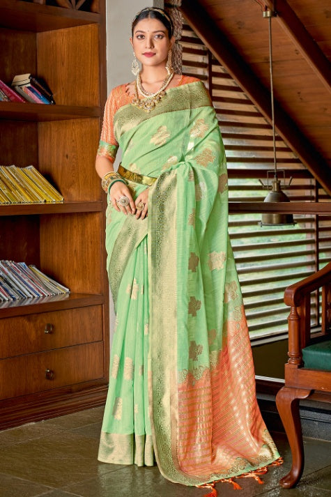 Women's Mint Green Cotton Saree - Karagiri