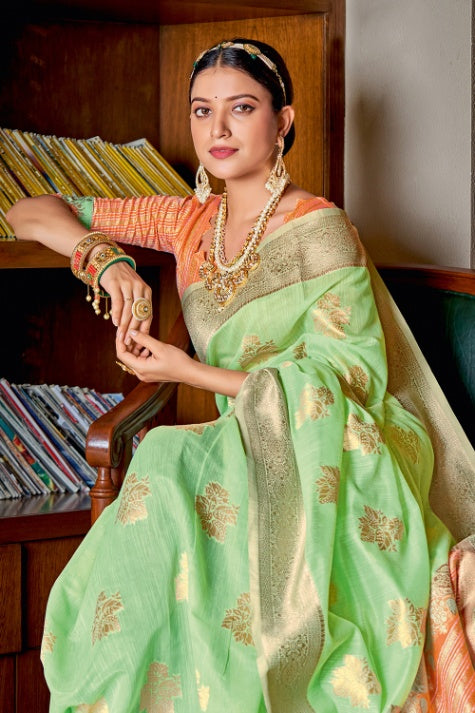 Women's Mint Green Cotton Saree - Karagiri
