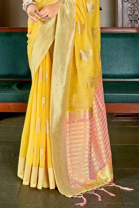Women's Canary Yellow Cotton Saree - Karagiri