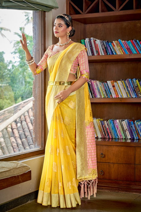 Women's Canary Yellow Cotton Saree - Karagiri