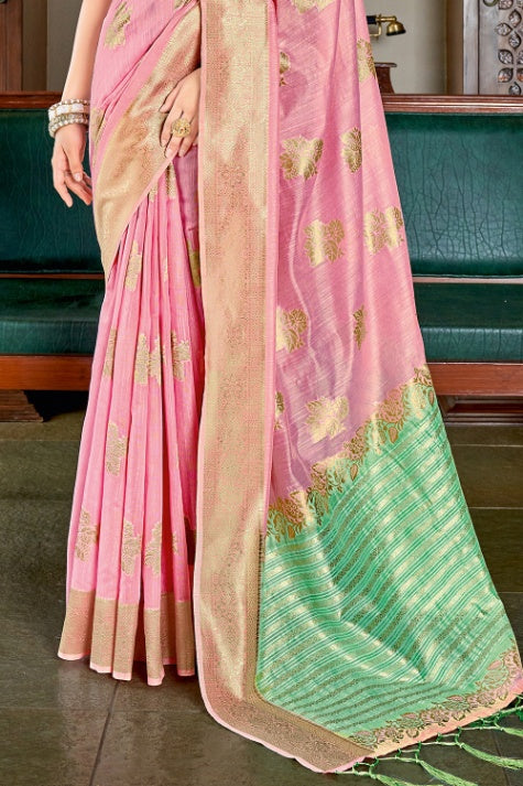 Women's Taffy Pink Cotton Saree - Karagiri