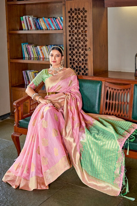 Women's Taffy Pink Cotton Saree - Karagiri