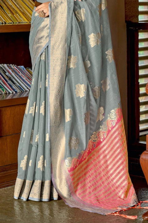 Women's Pewter Grey Cotton Saree - Karagiri