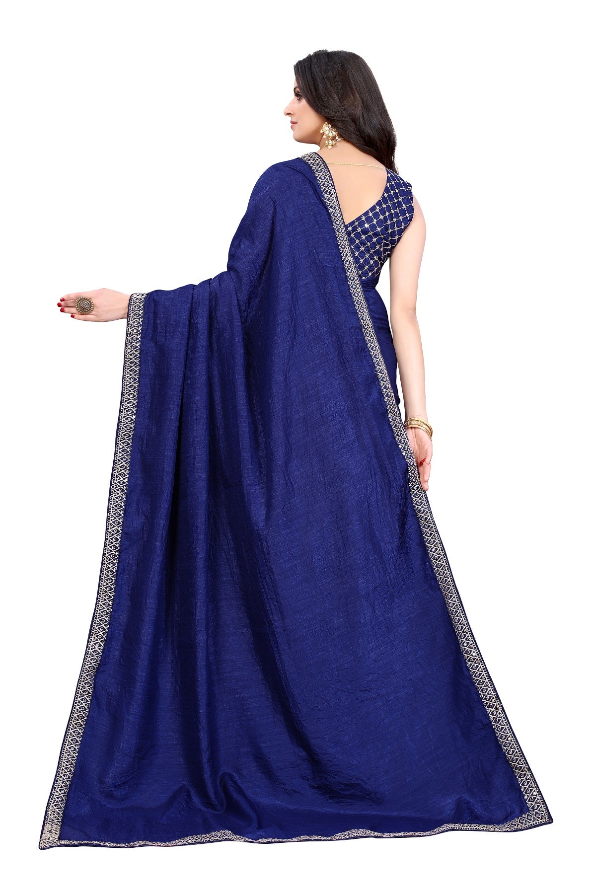 Women's Blue Silk Blend Lace Work Saree - Vamika
