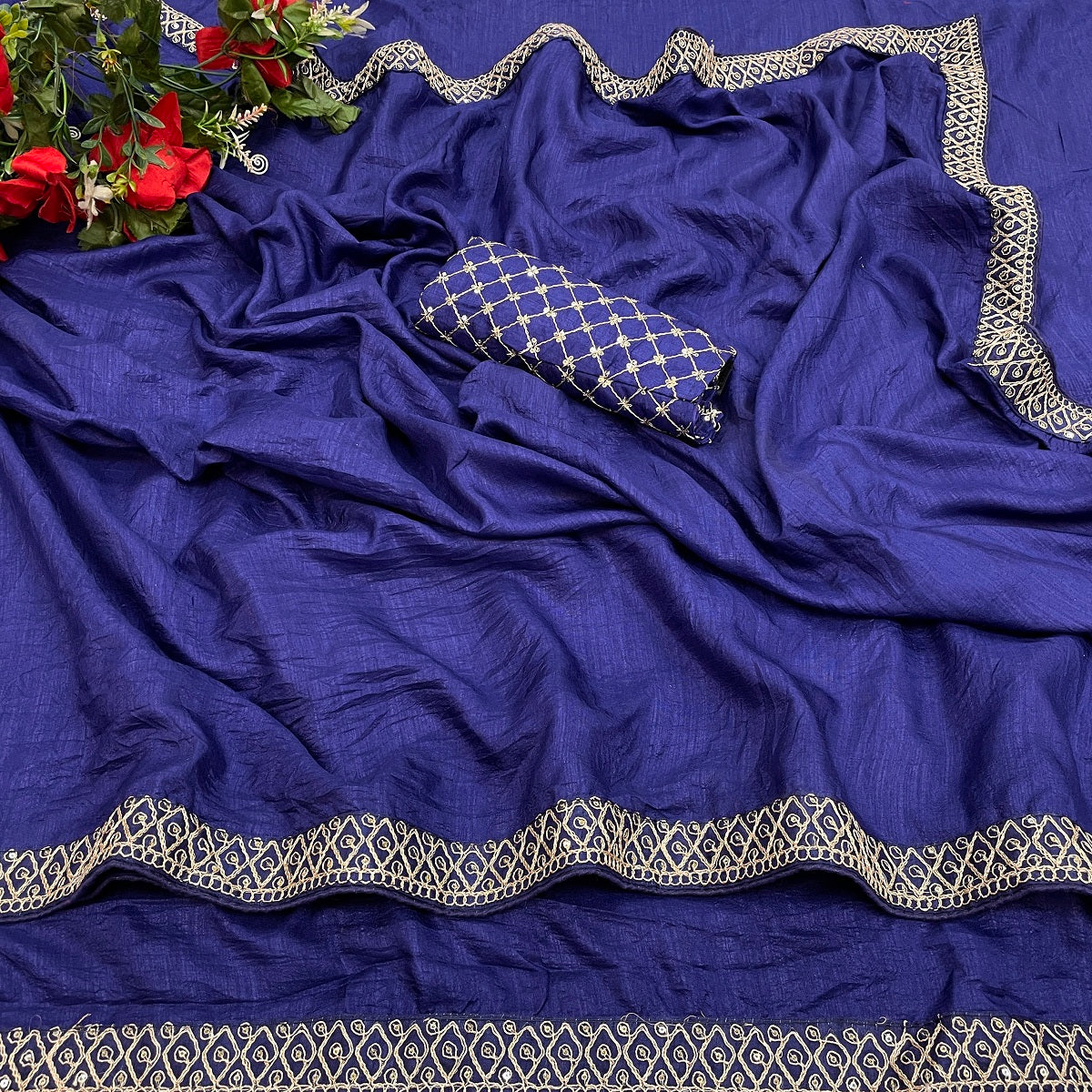 Women's Blue Silk Blend Lace Work Saree - Vamika