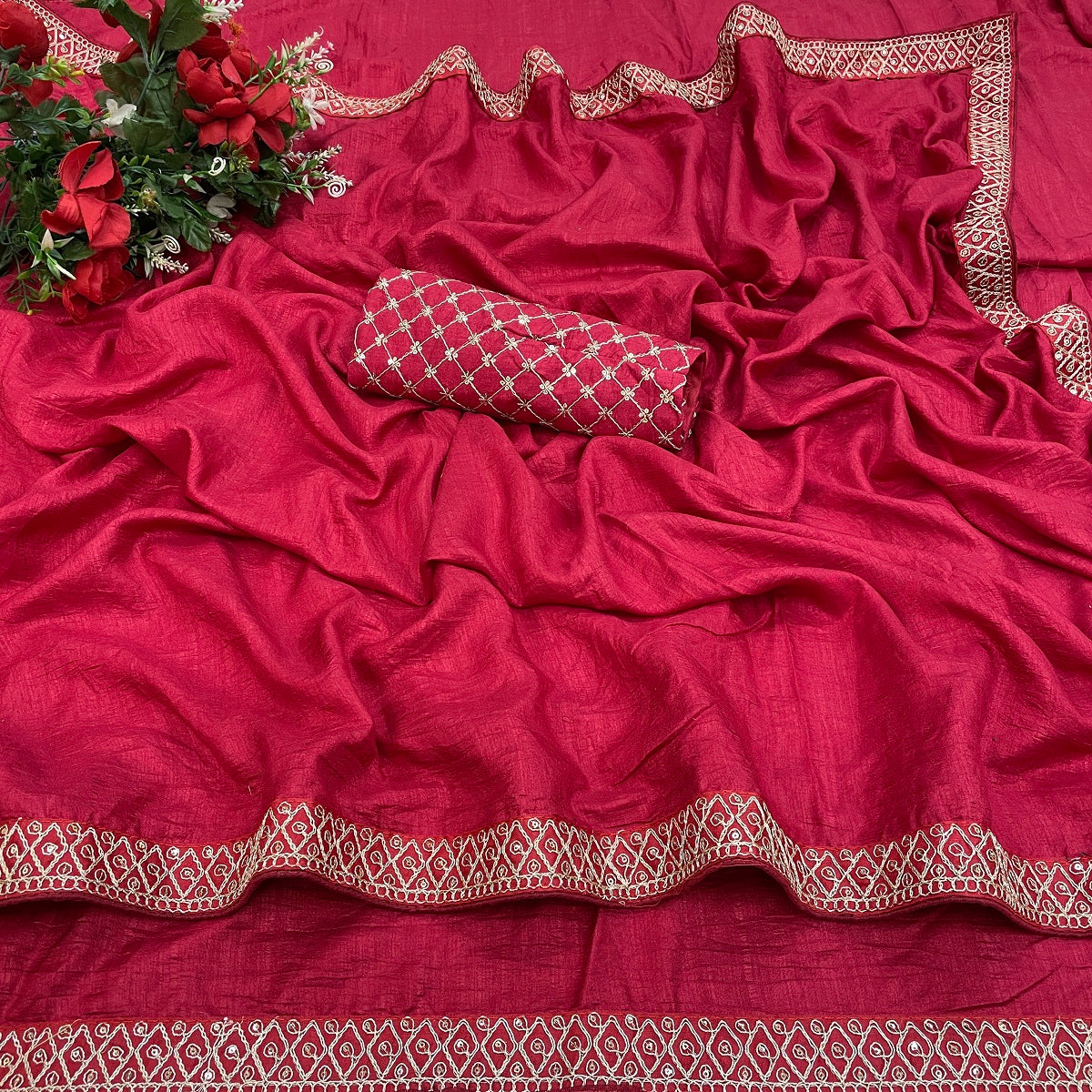 Women's Maroon Silk Blend Lace Work Saree - Vamika