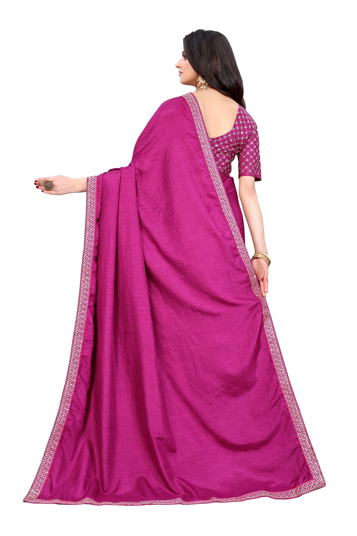 Women's Purple Silk Blend Lace Work Saree - Vamika