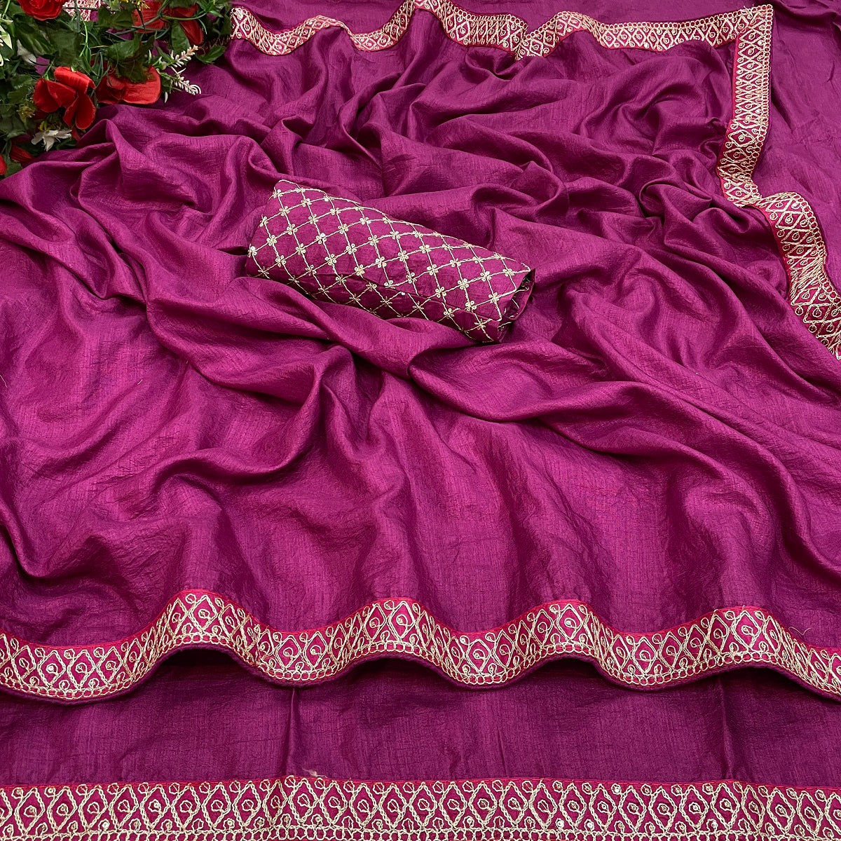 Women's Purple Silk Blend Lace Work Saree - Vamika