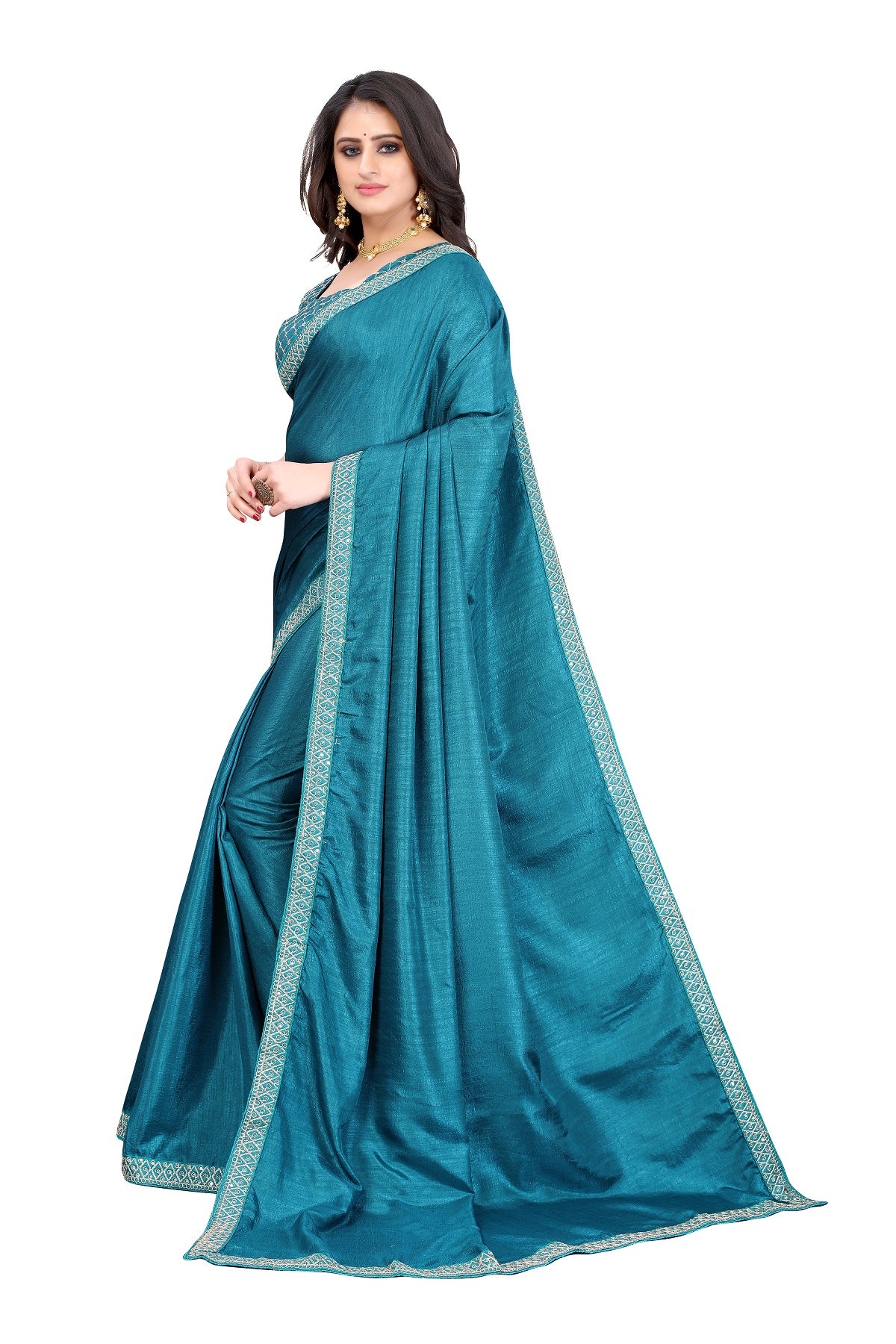 Women's Rama Green Silk Blend Lace Work Saree - Vamika