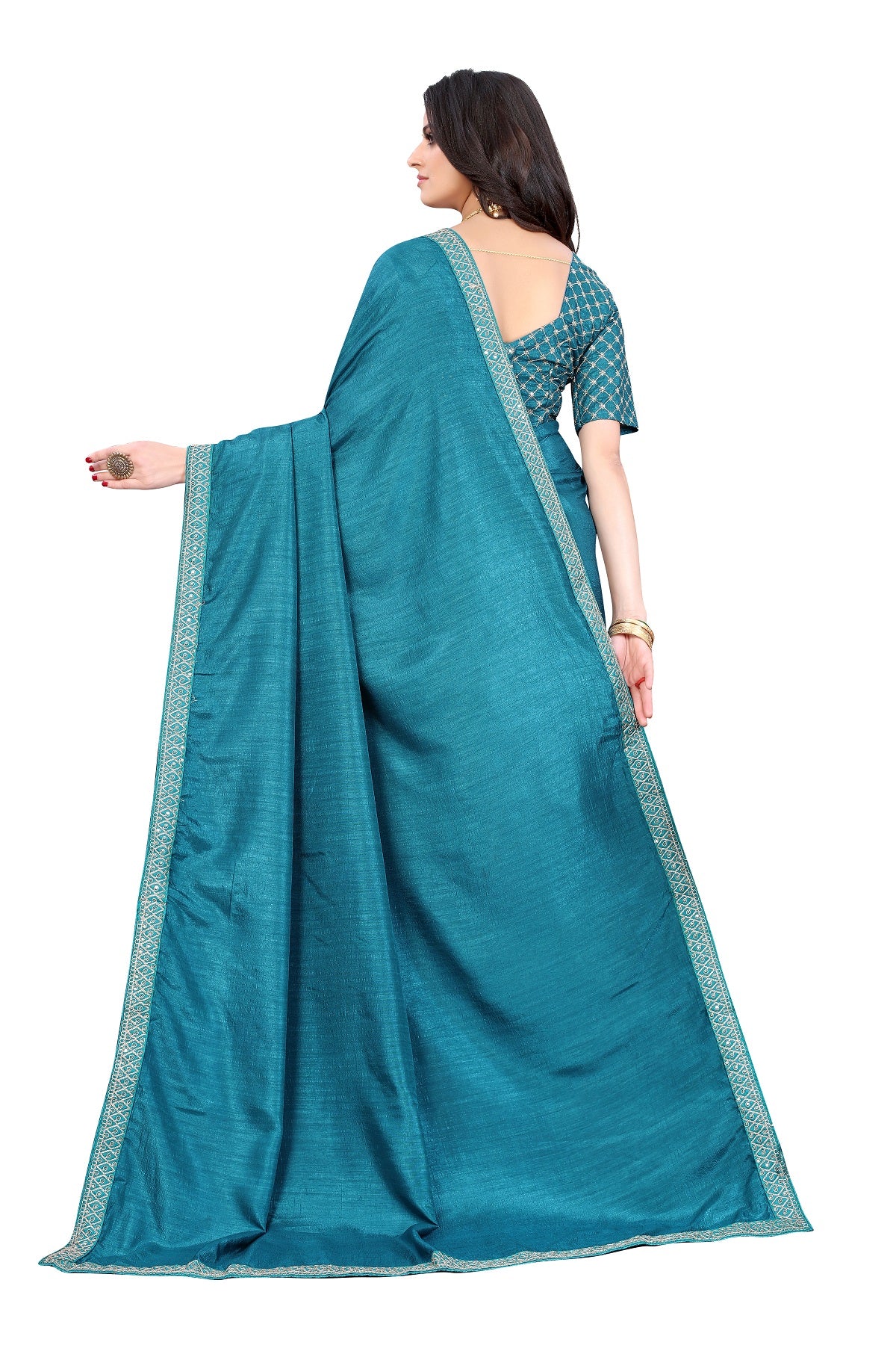 Women's Rama Green Silk Blend Lace Work Saree - Vamika