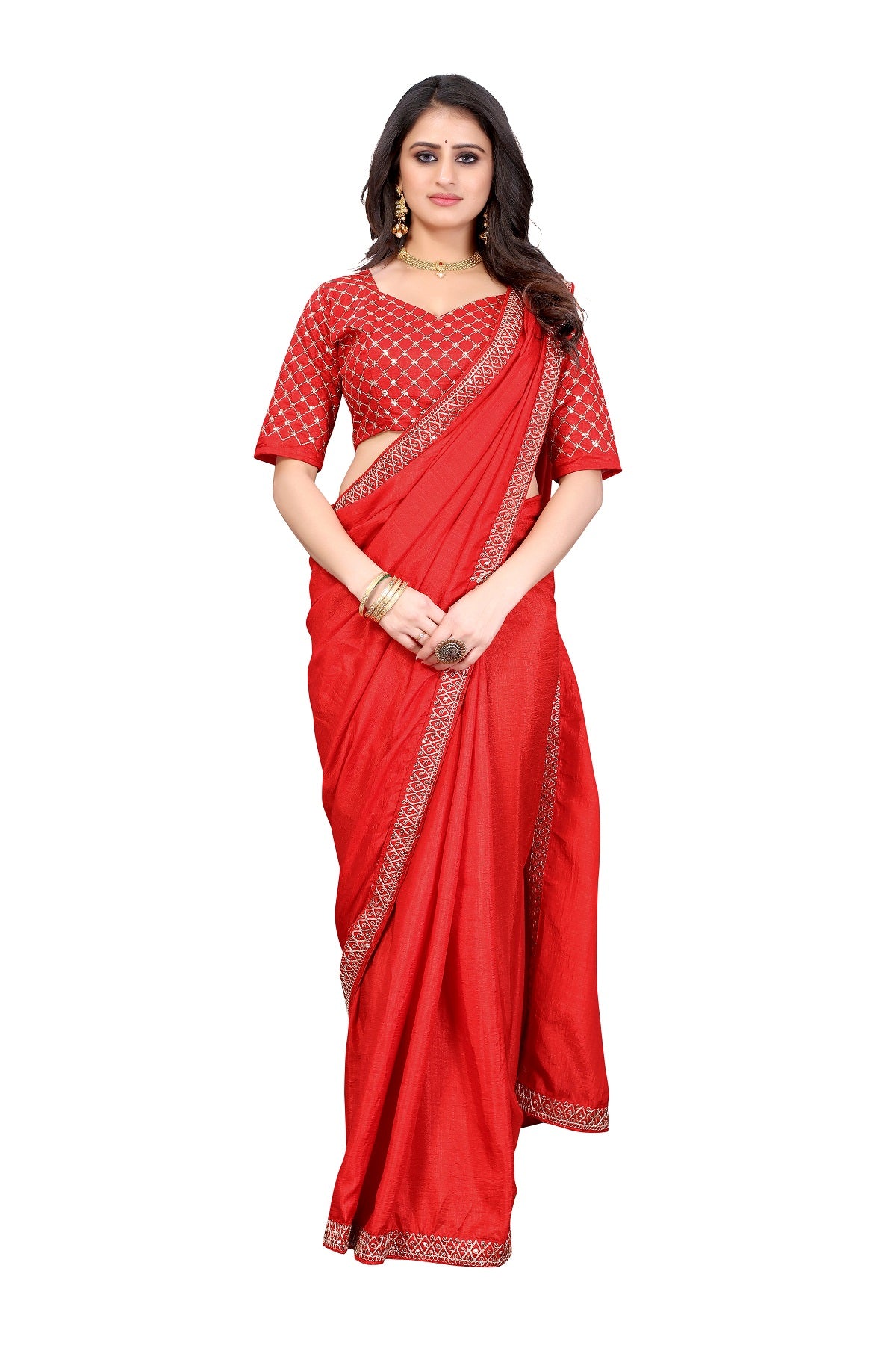Women's Red Silk Blend Lace Work Saree - Vamika