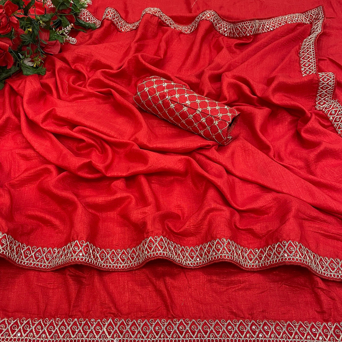 Women's Red Silk Blend Lace Work Saree - Vamika