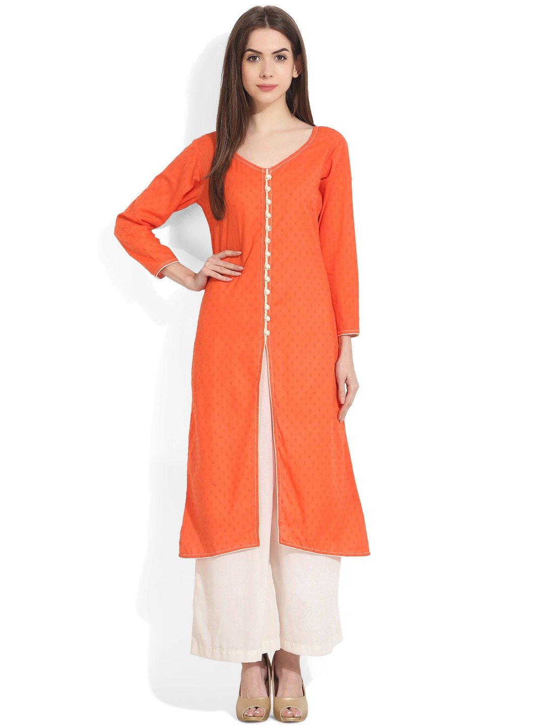 Women's Orange Woven Design A-Line Kurta - Nayo Clothing