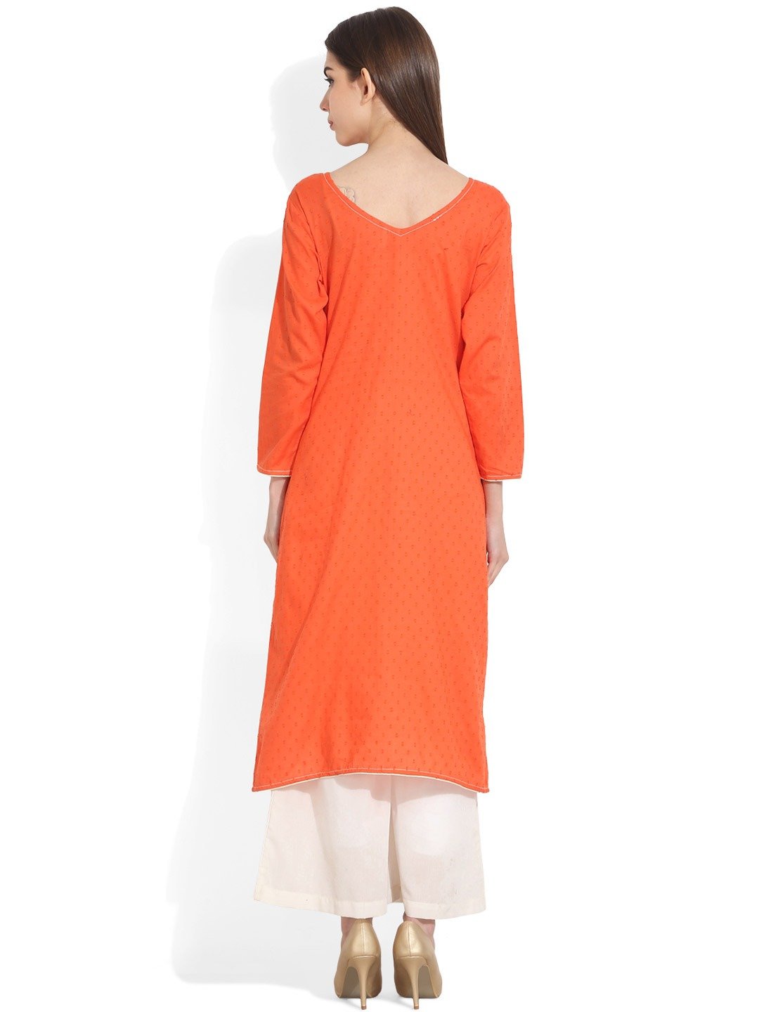 Women's Orange Woven Design A-Line Kurta - Nayo Clothing