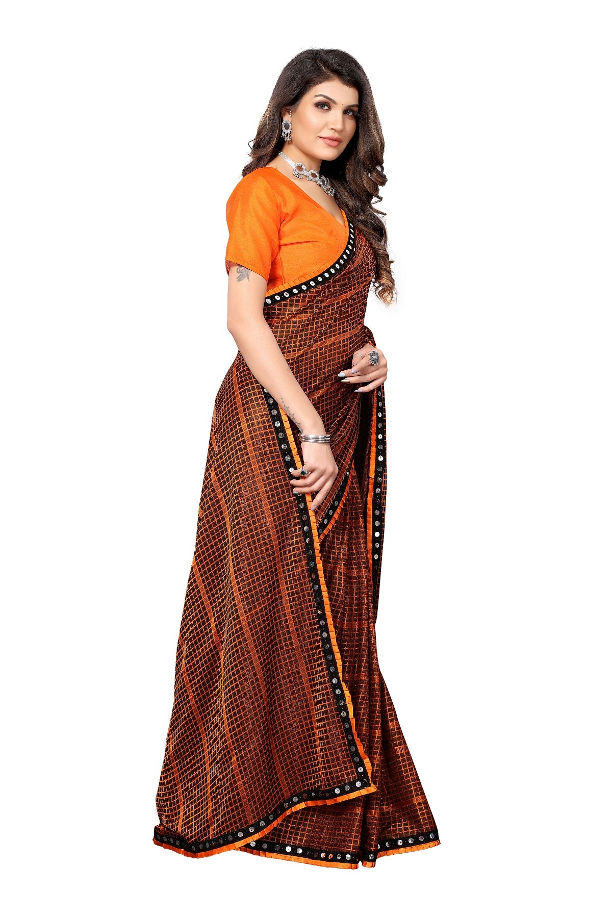 Women's Orange Lycra Knitted Saree - Vamika