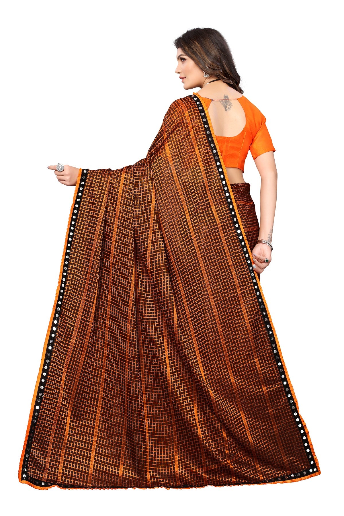 Women's Orange Lycra Knitted Saree - Vamika