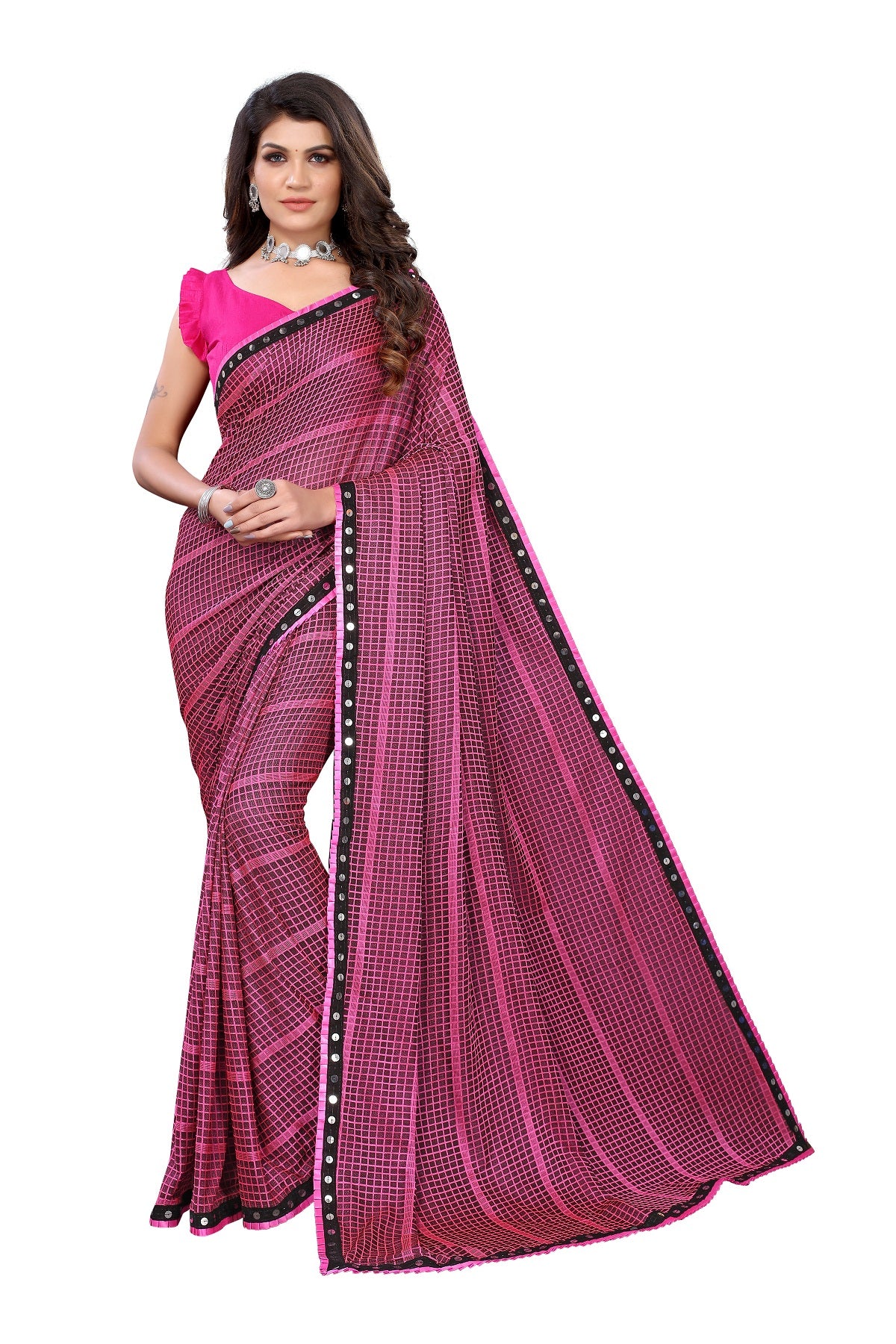 Women's Pink Lycra Knitted Saree - Vamika