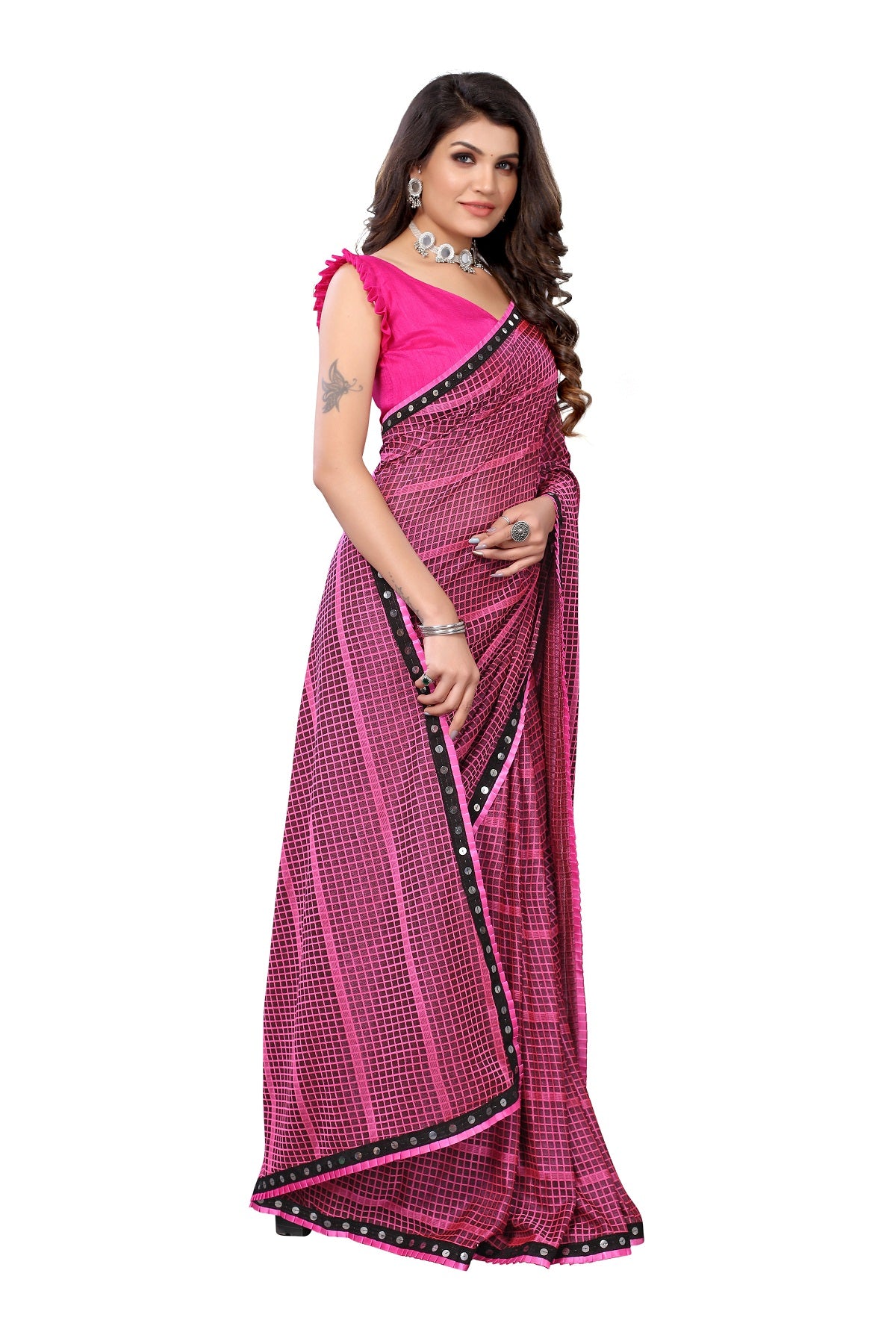 Women's Pink Lycra Knitted Saree - Vamika