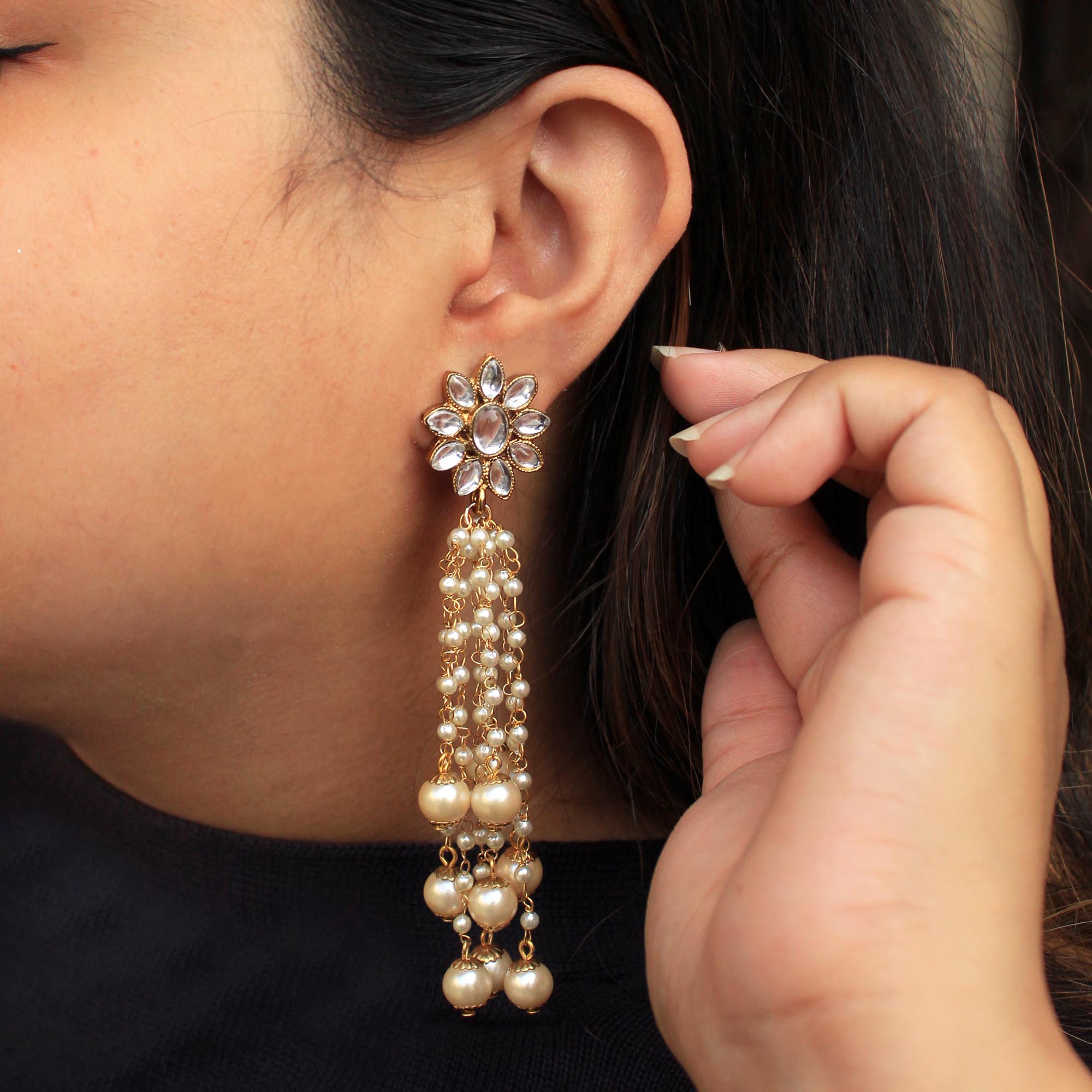 Women's Kundan Stud Pearl Tassel Earrings - BeAbhika