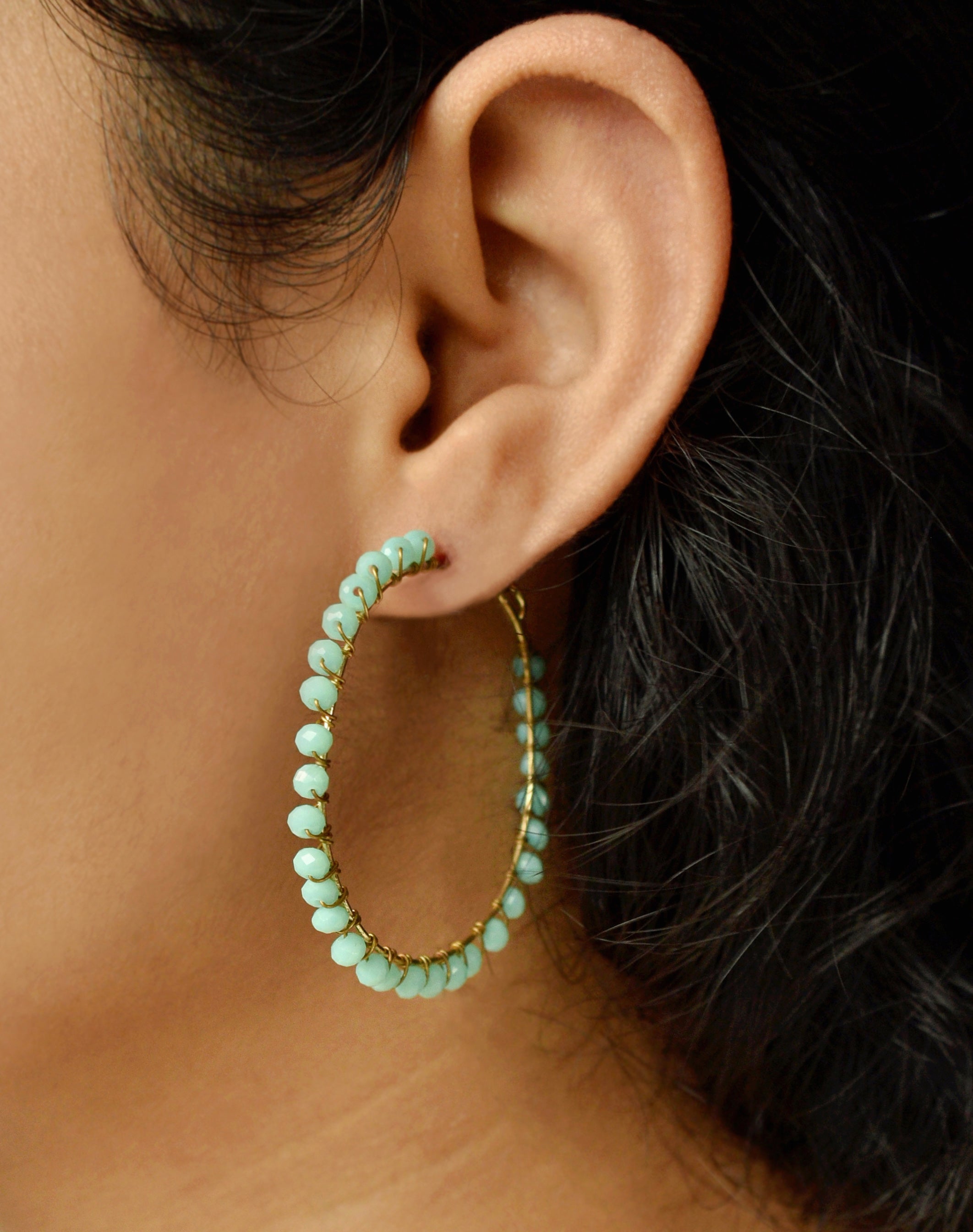 Women's Beaded hoop earrings ( Blue)  - BeAbhika