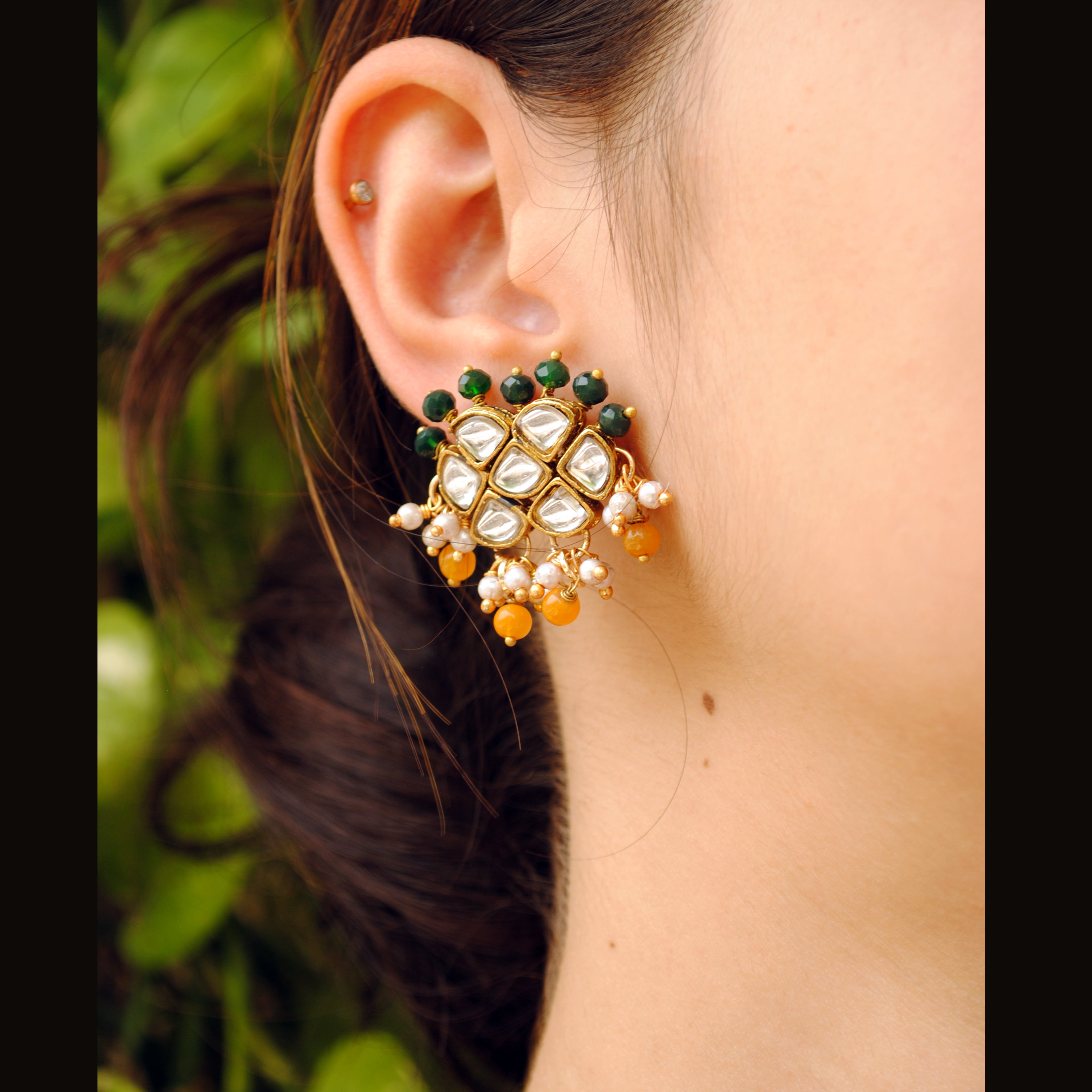 Women's Green And Orange Beads Kundan Earrings  - BeAbhika