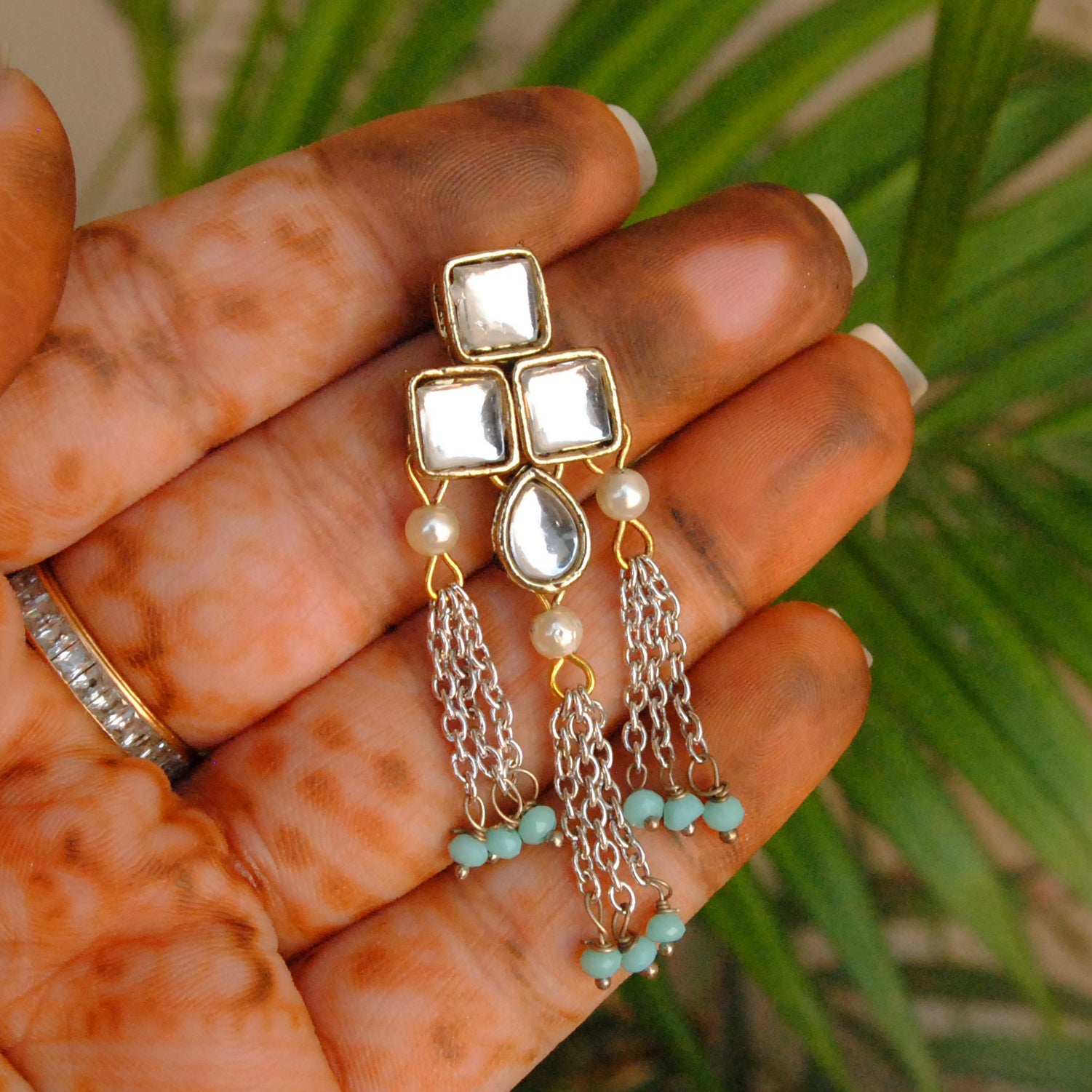 Women's Silver Color Drop Chain & Kundan Earrings - BeAbhika