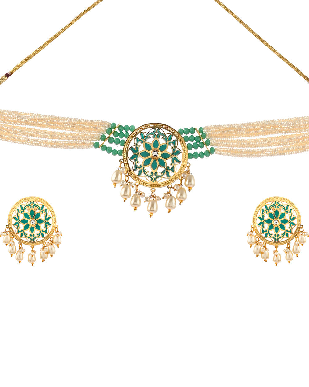 Women's Pearl Elegance Enamelled Floral Motifs Heavily Embellished Jewellery Set - Voylla
