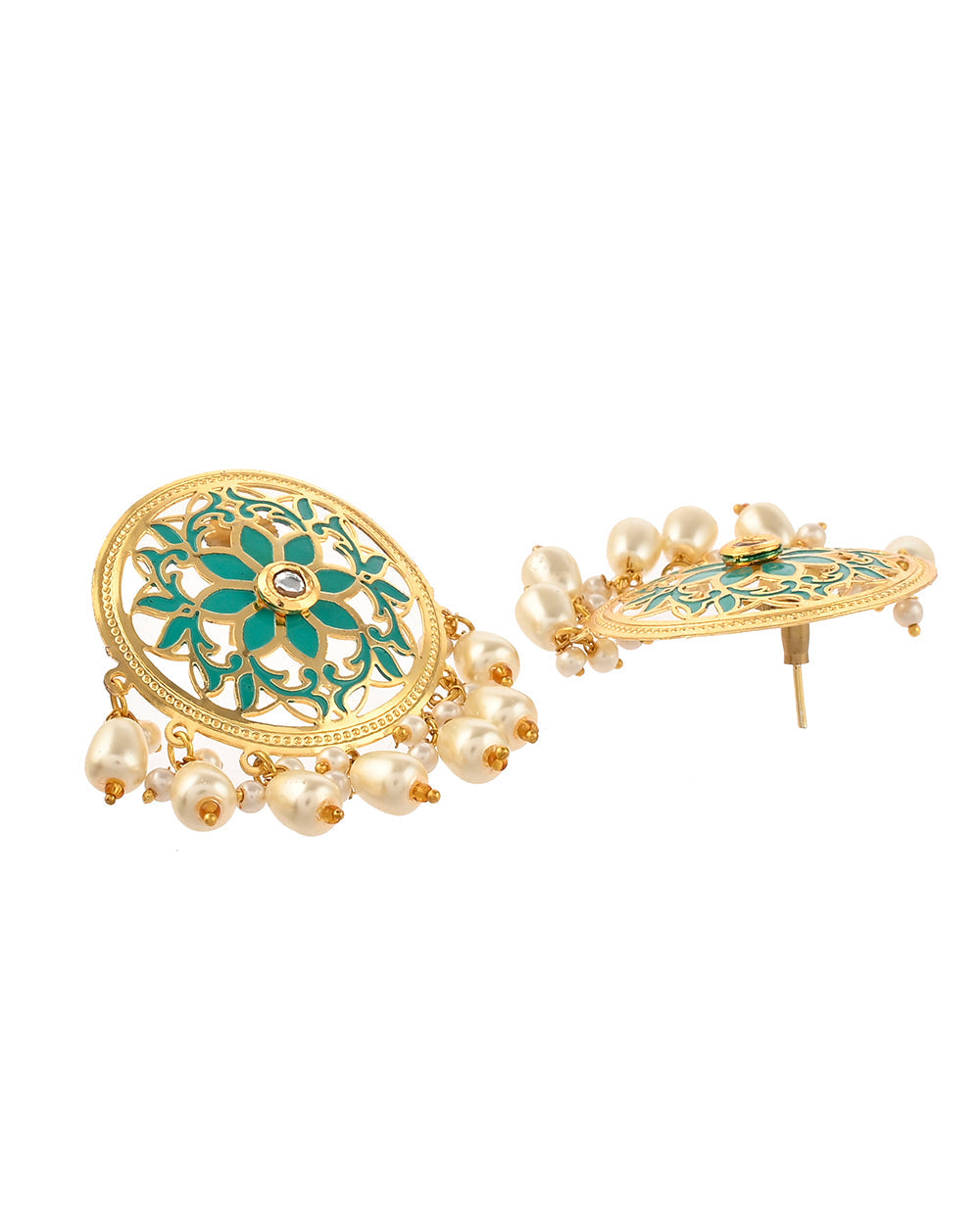 Women's Pearl Elegance Enamelled Floral Motifs Heavily Embellished Jewellery Set - Voylla