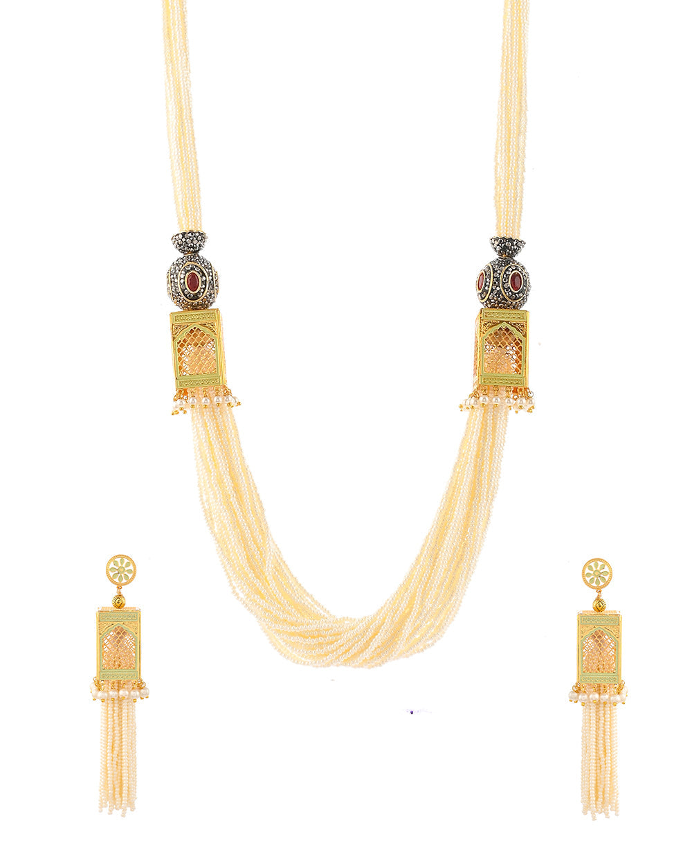 Women's Pearl Elegance Opulent Heavily Embellished Brass Yellow Gold Plated Jewellery Set - Voylla