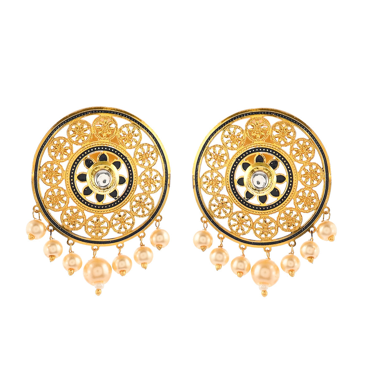 Women's Pearl Elegance Faux Pearls And Kundan Adorned Brass Gold Plated Large Stud Earrings - Voylla
