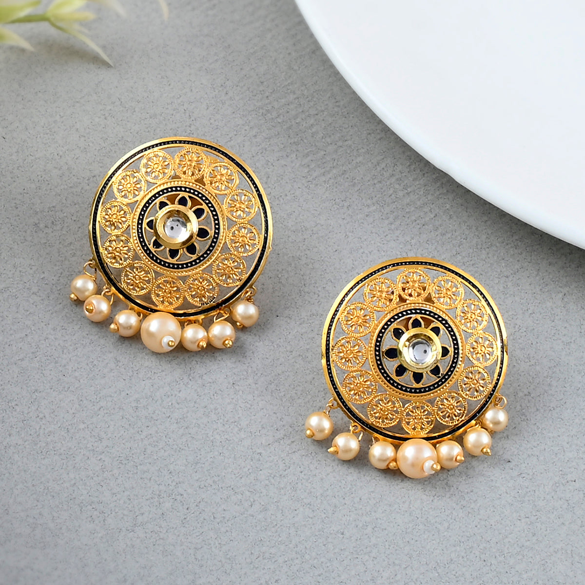 Women's Pearl Elegance Faux Pearls And Kundan Adorned Brass Gold Plated Large Stud Earrings - Voylla