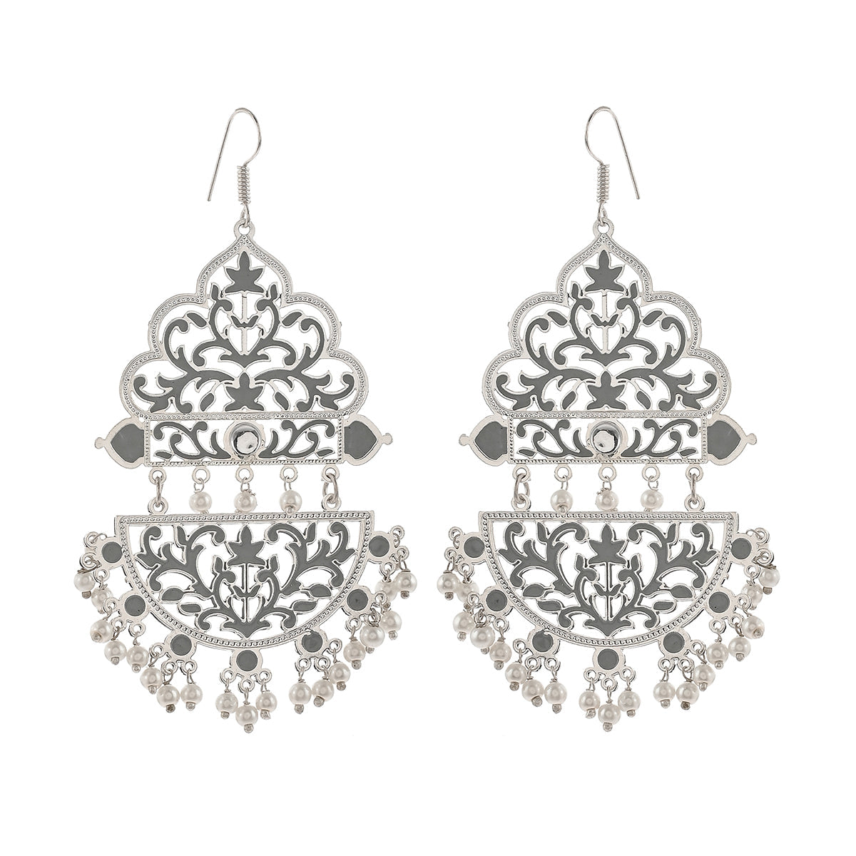 Women's Pearl Elegance Faux Pearls Cutwork Design Brass Silver Plated Drop Earrings - Voylla