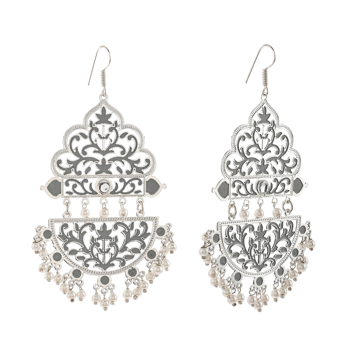 Women's Pearl Elegance Faux Pearls Cutwork Design Brass Silver Plated Drop Earrings - Voylla