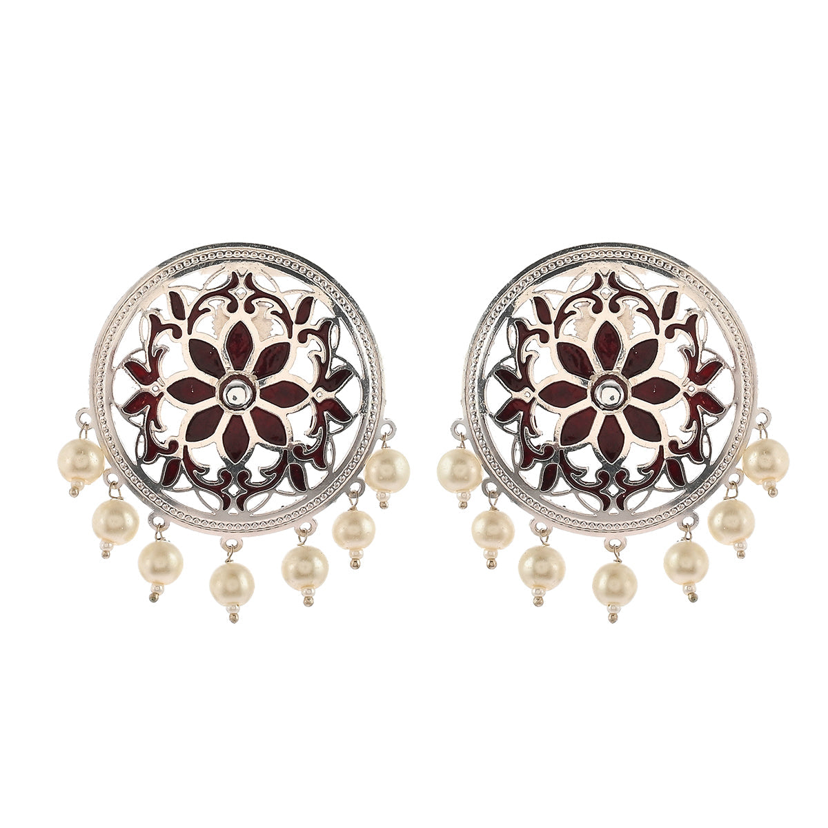 Women's Pearl Elegance Filigree Design Floral Motif Faux Pearls Brass Silver Plated Earrings - Voylla