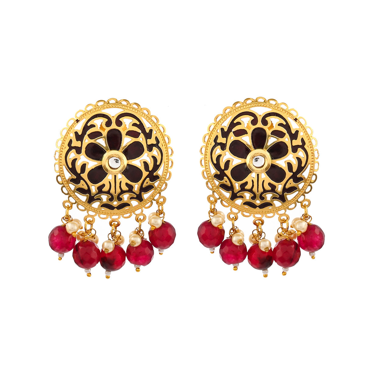 Women's Pearl Elegance Faux Pearls Adorned Filigree Design Brass Gold Toned Earrings - Voylla