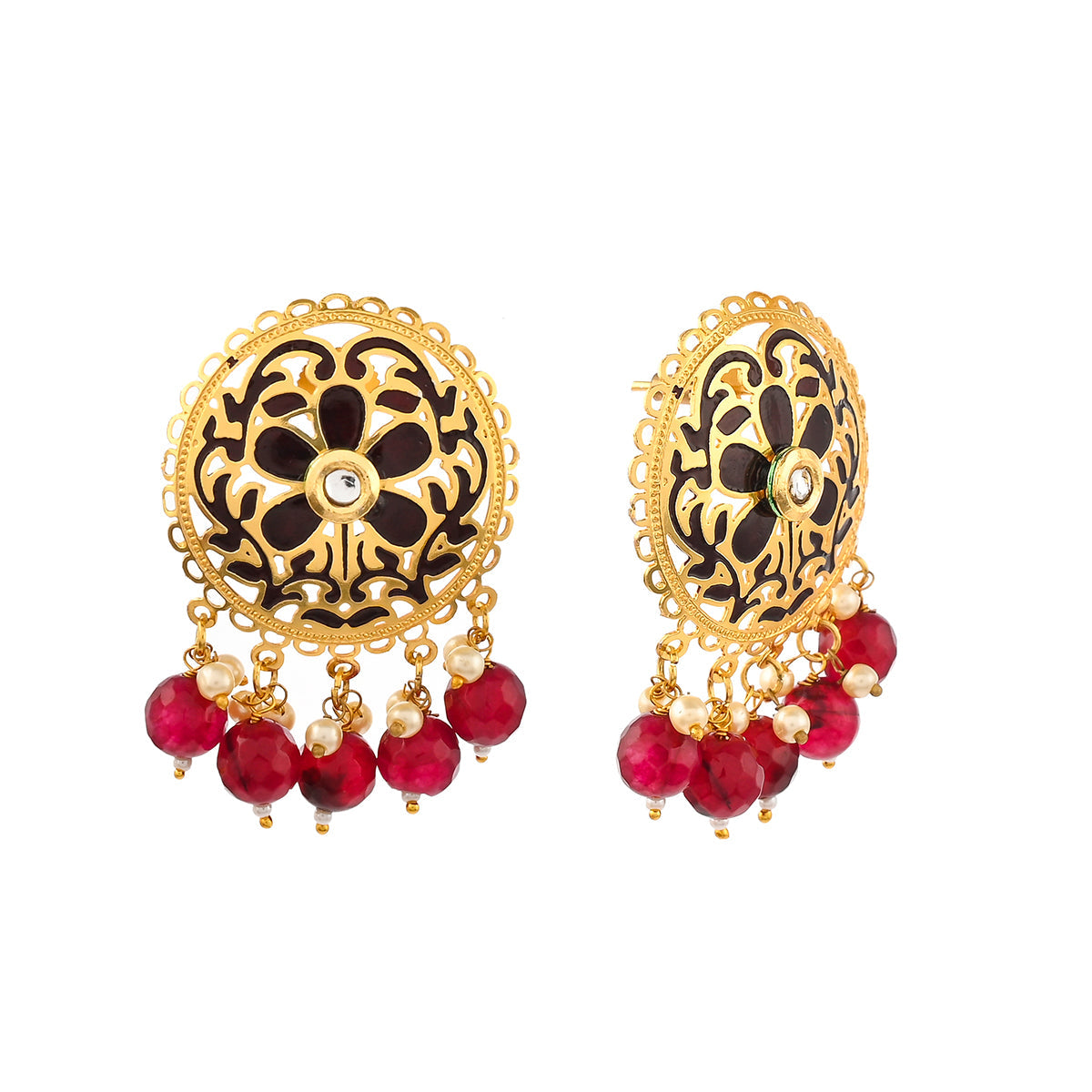 Women's Pearl Elegance Faux Pearls Adorned Filigree Design Brass Gold Toned Earrings - Voylla
