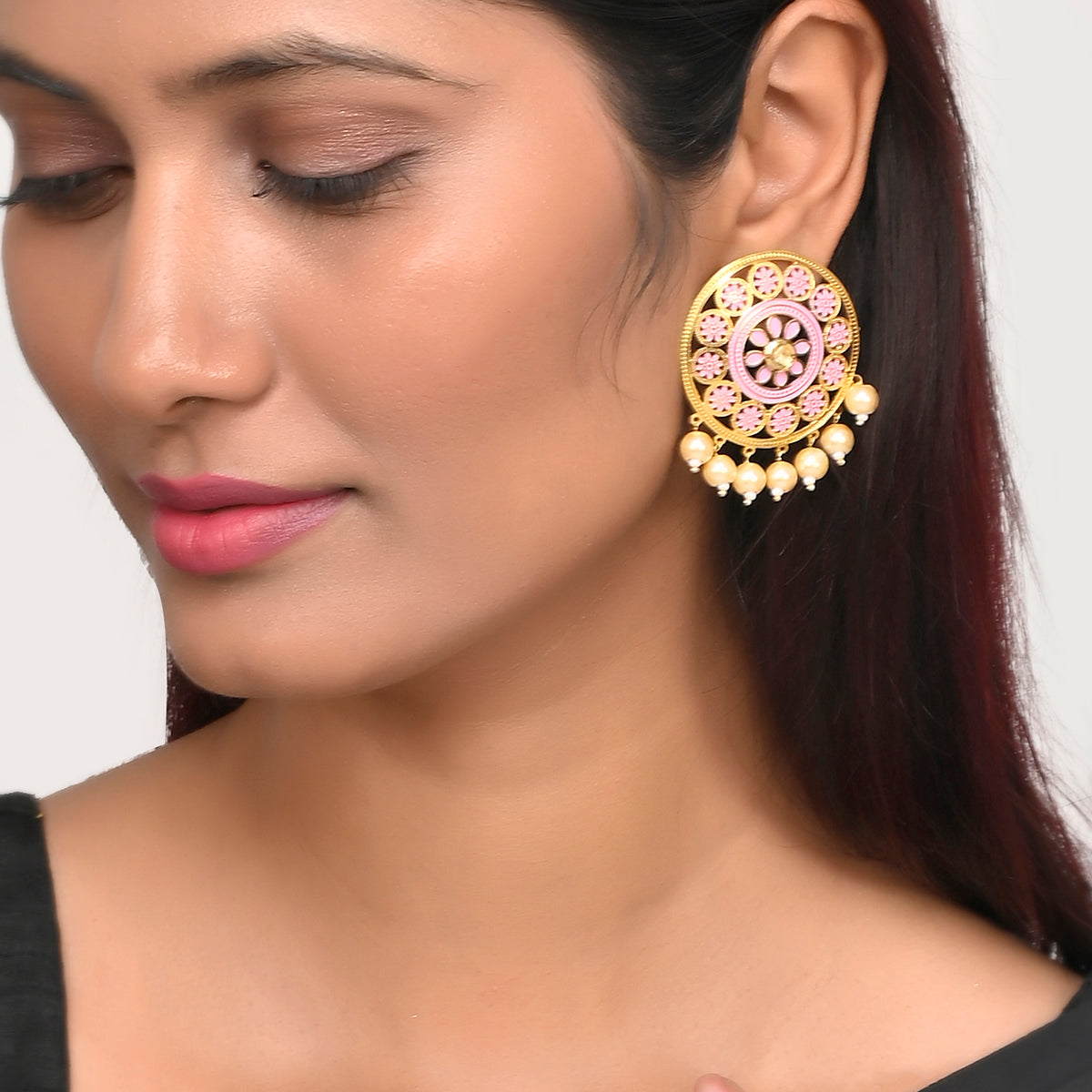 Women's Pearl Elegance Pink Enamel Floral Gold Plated Brass Earrings - Voylla
