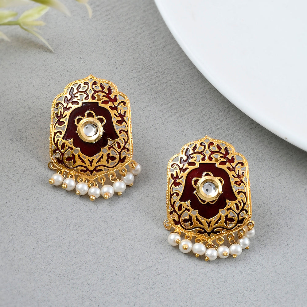 Women's Pearl Elegance Maroon Enamel Faux Pearls Brass Gold Plated Floral Earrings - Voylla