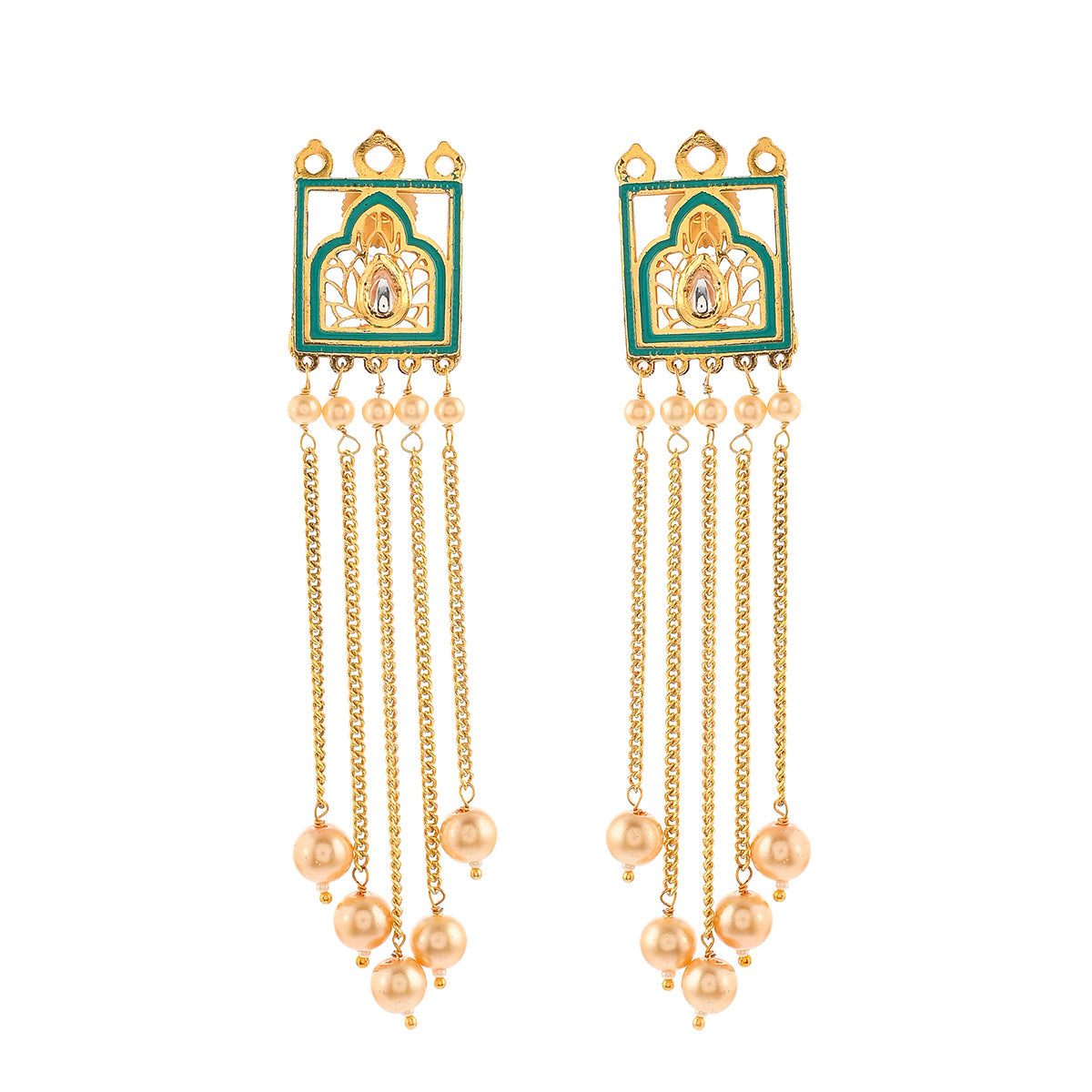 Women's Pearl Elegance Gold Plated Drop Style Brass Enamelled Temple Earrings - Voylla